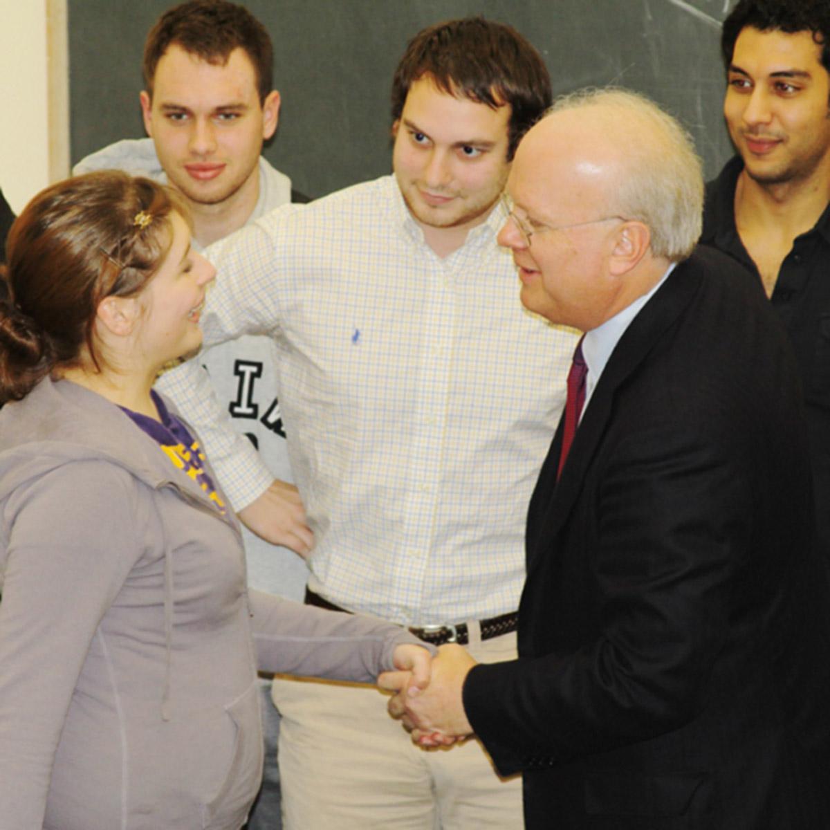 Republican political strategist Karl Rove meets with Randolph students prior to a lecture on campus.